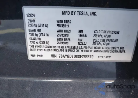 2025 Tesla Model Y Long Range Dual Motor Rear-Wheel Drive из США, поврежденный, VIN 7SAYGDED8SF266679